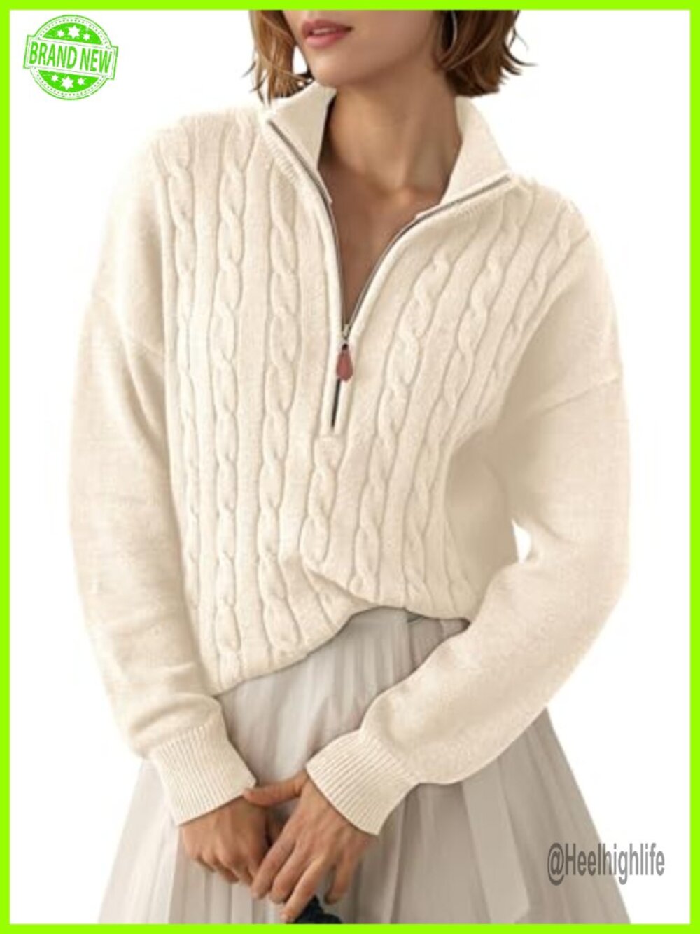 Women's Quarter Zip Ribbed Cable Knit Pullover Sweater V-Neck Relaxed Fit
